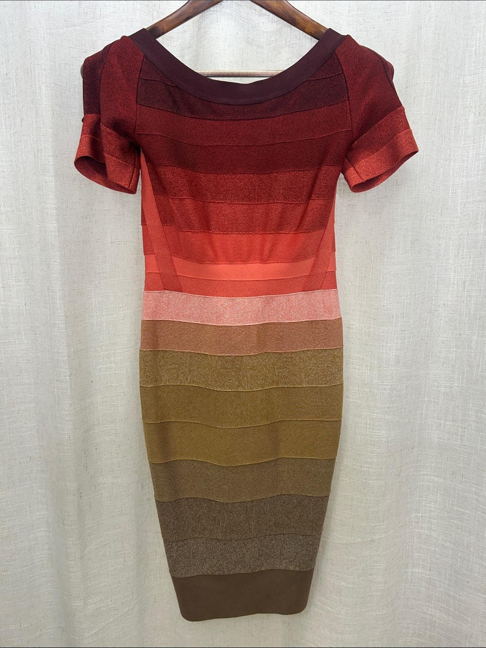 Herve Leger Signature Bandage Striped Ombre Dress in Burgundy, Coral & Tan